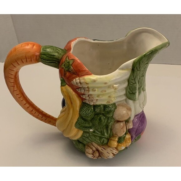 Vegetable Pitcher vtg Pottery Hand painted Corn Lettuce Carrot Tomato Squash - Picture 2 of 5